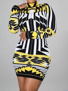 Women's Yellow Black Geometric Abstract Zip Mock Neck Bodycon Bandage Mini Dress